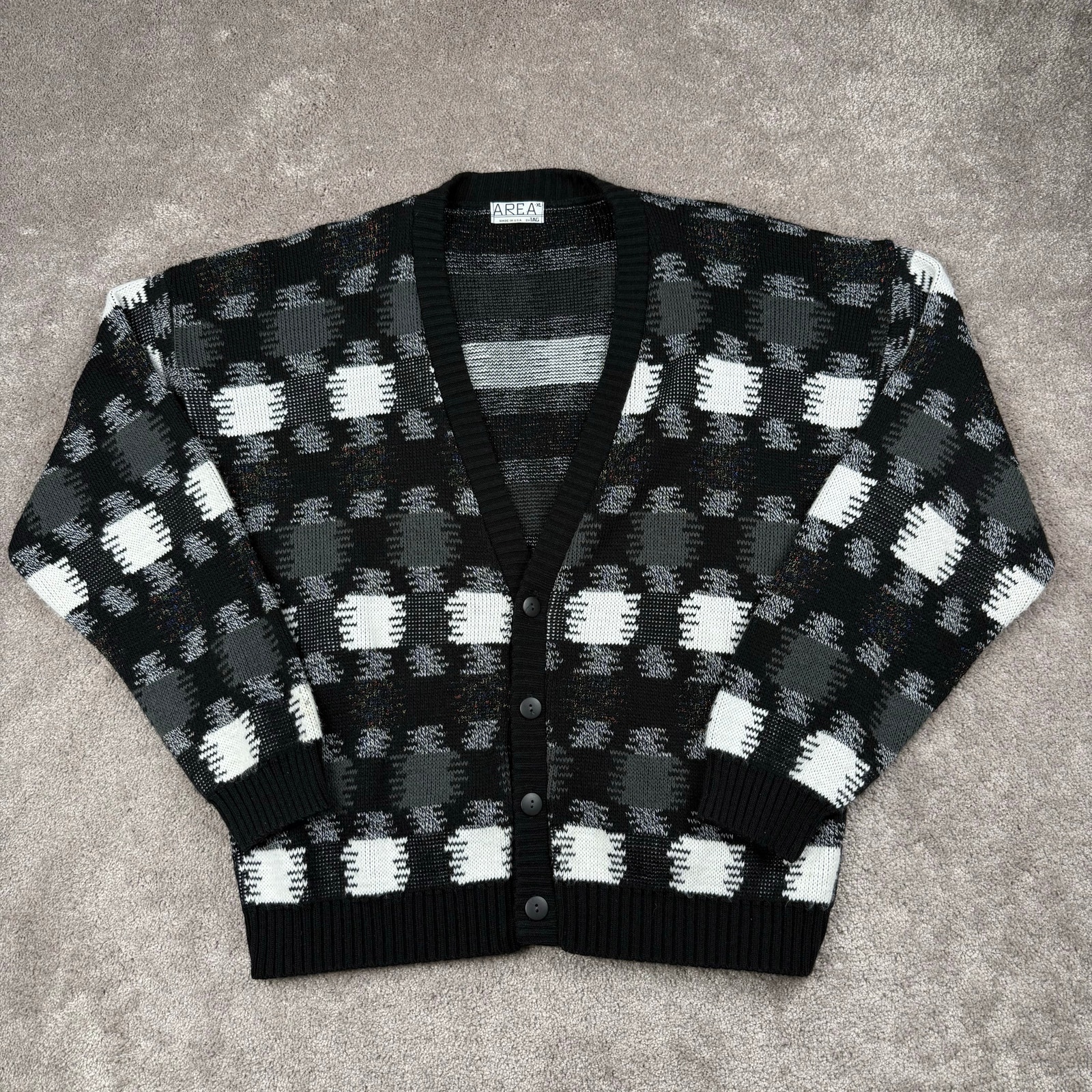 Black White Static Knit Sweater Cardigan Size Xl Preppy Grunge Grandpa Area